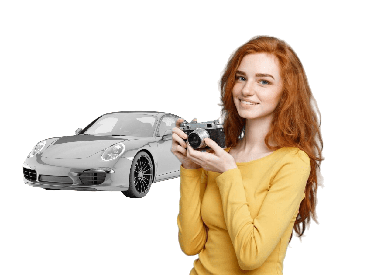 Girl with camera and car